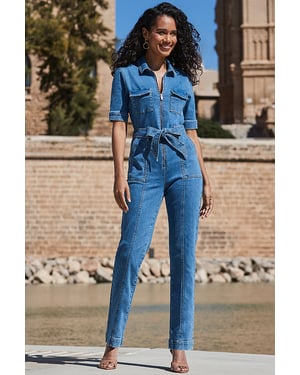 Mid Blue Denim Tie Waist Utility Jumpsuit