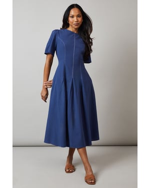 Royal Blue Seam Detail Inserted Pleat Detail Midi Dress