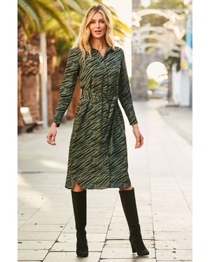 Khaki Green Zebra Print Belted Midi Shirt Dress