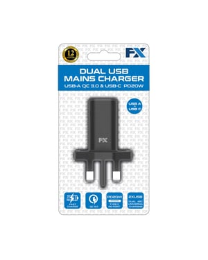 FX Dual UK Main Charger USB-C and USB-A, White