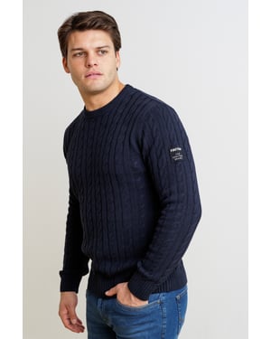 Dark Navy Regular Fit Cotton Rich Cable Knit Crew Neck Jumper