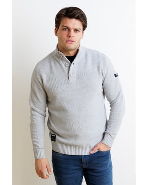 Light Grey Cotton Rich Waffle Knit Funnel Neck Jumper With Buttons