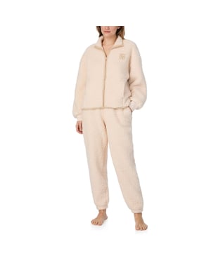 DKNY Sherpa Zip Top & Jogger Set Cream