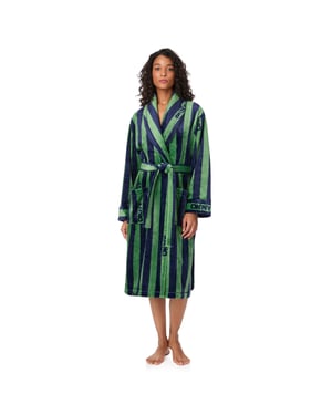 DKNY Long Sleeve Mid-Length Fleece Robe Green Stripe