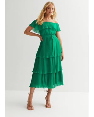 Green Pleated Tiered Bardot Midaxi Dress