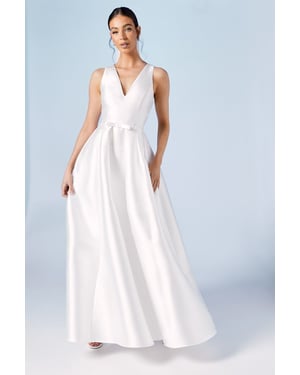 Plunge Neck Bow Waist Maxi Dress With Pockets