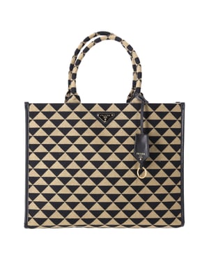 Prada Grote Symbole Geborduurde Tote Bag in Zwart en Beige Polyester