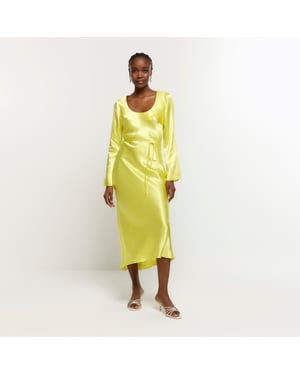 River Island Womens Slip Midi Dress Yellow Satin Belted