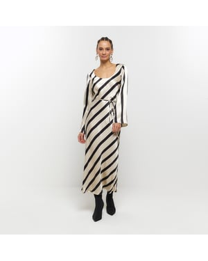 River Island Womens Slip Midi Dress White Satin Stripe Belted
