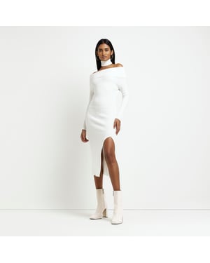River Island Womens Bodycon Midi Dress Cream Knit Bardot