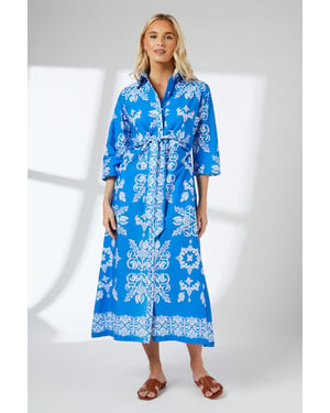 Blue Tile Print Tie Front Midi Shirt Dress