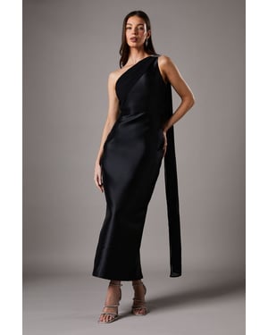 One Shoulder Twill Gown With Diamante Brooch