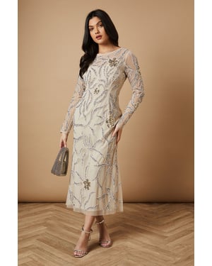 Hand Embellished Long Sleeve Midi Dress