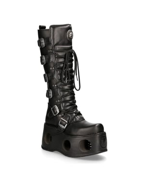 New Rock M-272-S2 Neptuno Metallic Kniehoge Zwarte Leren Gothic Laarzen