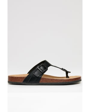 Black Faux Leather Toe Post Sandals
