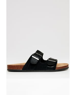 Black Slip On Two Buckle Strap Sandals