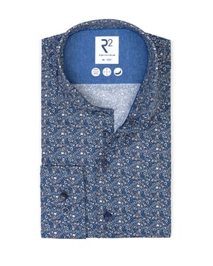 R2 Cut Away Collar Long Sleeved Shirt Blue Floral Patterned