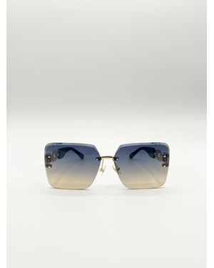 Rimless Oversized Square Sunglassses in Navy Gold