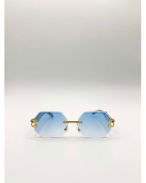 Rimless Oval Geometric Sunglasses in Gold Blue