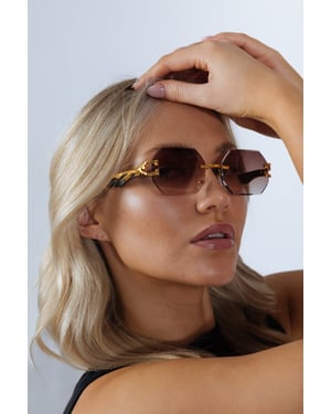 Rimless Oval Geometric Sunglasses in Gold Brown