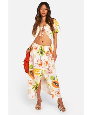 Hammered Palm Print Ruched Front Shirt & Wrap Midaxi Skirt