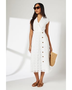 Ivory Wrap Front Button Detail Midi Broderie Dress