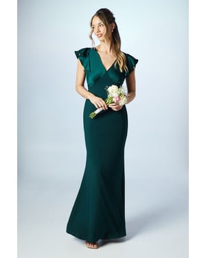 V Neck Angel Sleeve Satin Bridesmaids Dress