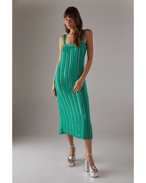 Hand Embellished Sequin Square Neck Strappy Midi Dress