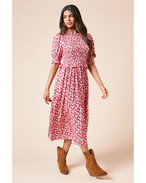 Petite Floral Shirred Bodice Puff Sleeve Midi Dress
