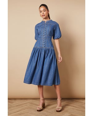 Drop Waist Button Up Denim Midi Dress