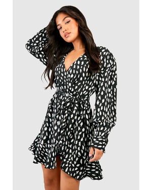 Petite Smudge Print Ruffle Woven Wrap Dress
