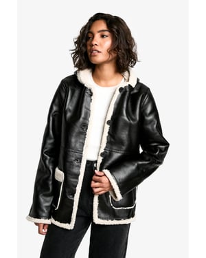 Tall Borg Lined Faux Leather Hooded Coat