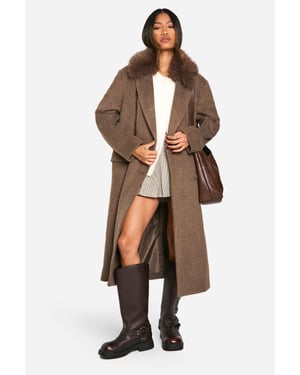 Faux Fur Trim Oversized Double Breasted Wool Look Coat