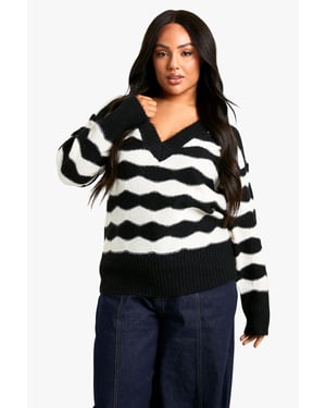 V Neck Strip Oversized Knitted Jumper