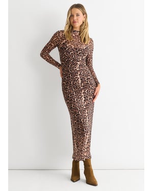 Brown Mesh Animal Print Jersey Maxi Dress