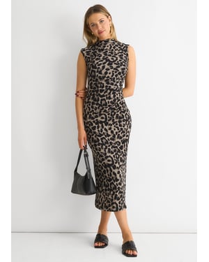 Grey Animal Print Ruched Midi Dress