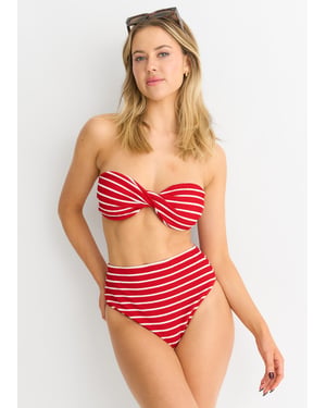 Red Textured Twist Front Stripe Bikini Top