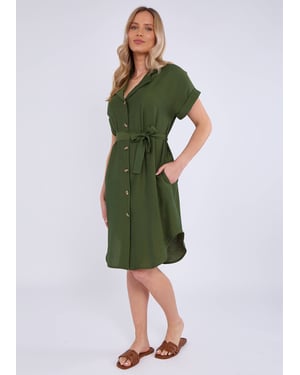 Khaki Utility Belted Oversized Viscose Shirt Dress