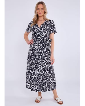 Navy Short Sleeves Viscose Wrap Midi Dress