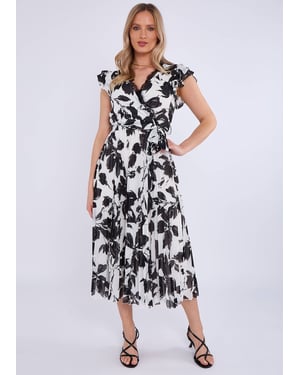 Lace Trim Mono Pleated Wrap Midi Dress