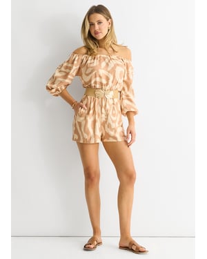 Beige Abstract Belted Bardot Viscose Playsuit
