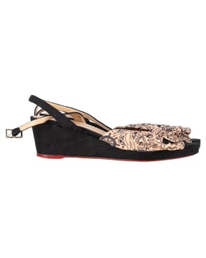 Charlotte Olympia Printed Bow Wedge Sandals in Peach Satin