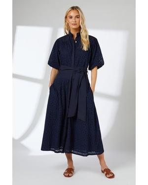 Navy Broderie Belted Contrast Detail Midaxi Dress