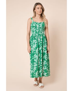 Green Palm Shirred Bodice Strappy Midi Dress