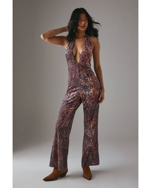 HCD Paisley Devore Plunge Neck Halter Jumpsuit