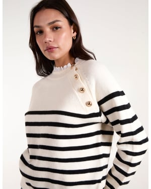 Horizontal Stripes Shoulder Button Detailed Jumper