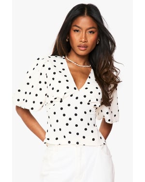 Satin Polka Dot Puff Sleeve Blouse
