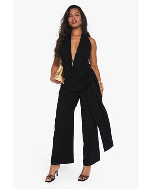 Linen Look Drape Cowl Wrap Jumpsuit