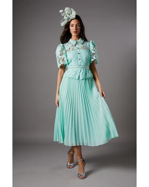 Lace Top Pleat Skirt Jewel Button Dress