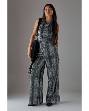 Petite Snake Sequin Cowl Neck Drop Waist Jumpsuit